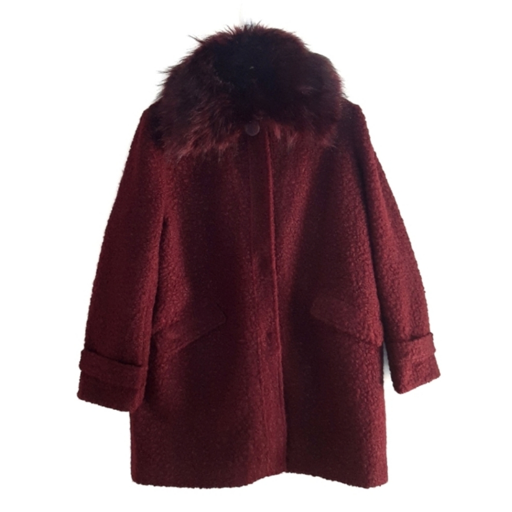 Jessica Simpson Burgundy Soft Marled Boucle Knit Parka Long Winter Pea Coat